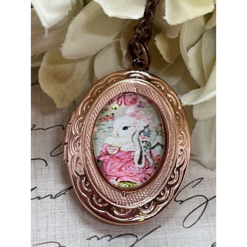 Easter ROSE GOLD BUNNY RABBIT Locket Necklace JEWELRY Pendant Pink Photo GIFT